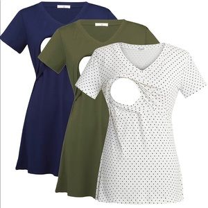 Bearsland -Lot of 3- V Neck Nursing Tops - Army Green / White & Black Dot / Blue
